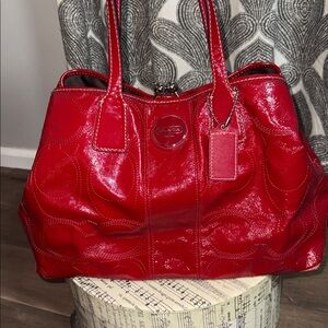 Coach Signature Patent Leather Carryall Tote Bag in red
